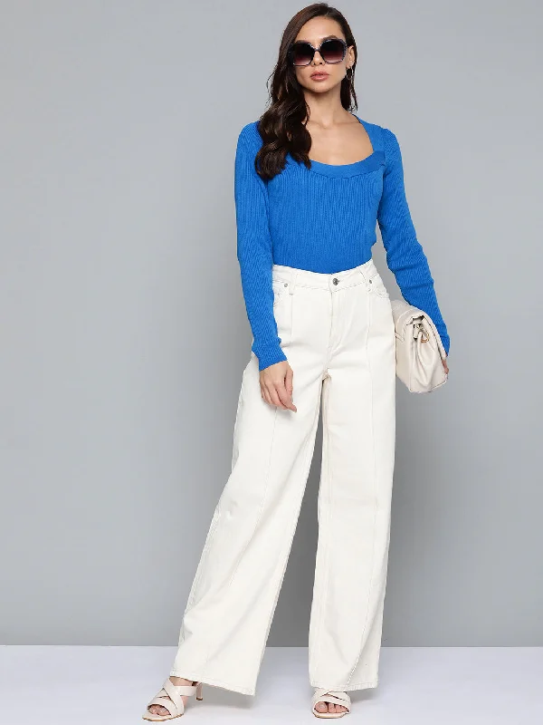Women Blue Rib Square Neck Full Sleeves Sweater Ribbed Striped Patterned
