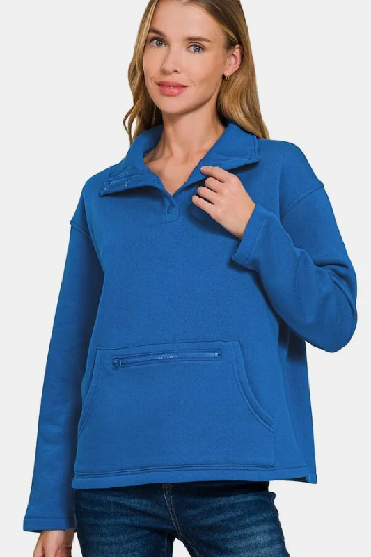 Zenana Turtleneck Half Snap Fleece Sweatshirt In Blue Hoodie with Snap Buttons Easy Quick