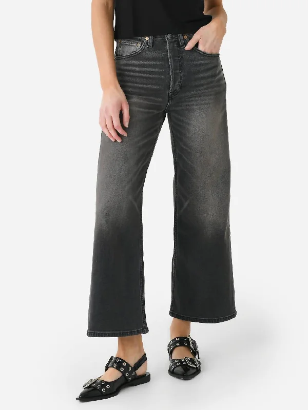 High Rise Wide Leg Crop Jean In Nero Stylish Paperbag Waist Denim