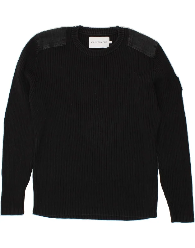 CALVIN KLEIN JEANS Mens Crew Neck Jumper Sweater Medium Black Cotton Seamless Knitted Crochet