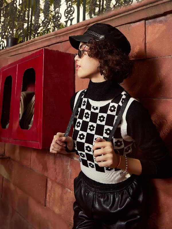 Women Black Floral Round Neck Sleeveless Sweater Houndstooth Herringbone Solid