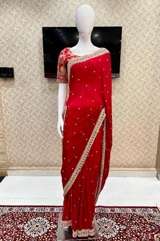 Red Stone, Pearl and Beads work Saree with Matching Unstitched Designer Blouse Semi-Sheer Blouse Red Stone, Pearl and Beads work Saree with Matching Unstitched Designer Blouse Semi-Sheer Blouse