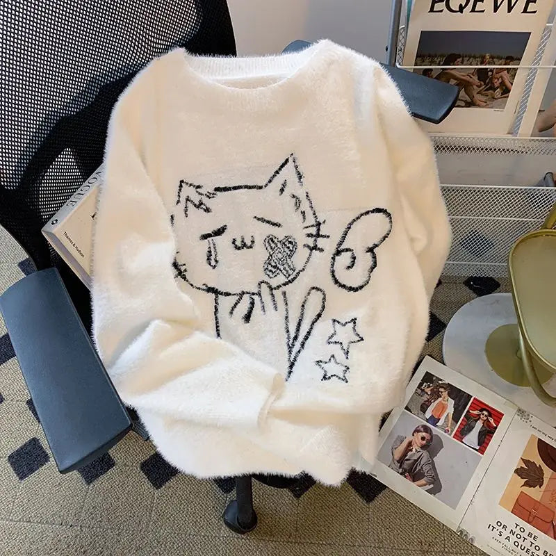 Wjczt White Pullovers Cartoon Cat Print Jacquard Weave Knitted Sweater Korean Winter Women Designer Loose Cute Knitwear Jumpers Teens Satin Fabric Silk Fabric Chiffon Fabric