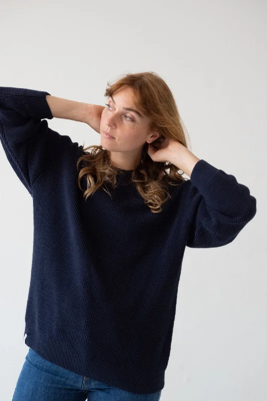 Unisex Tam Sweater Organic Cotton in Navy Blue Handmade Hand-knitted Hand-woven