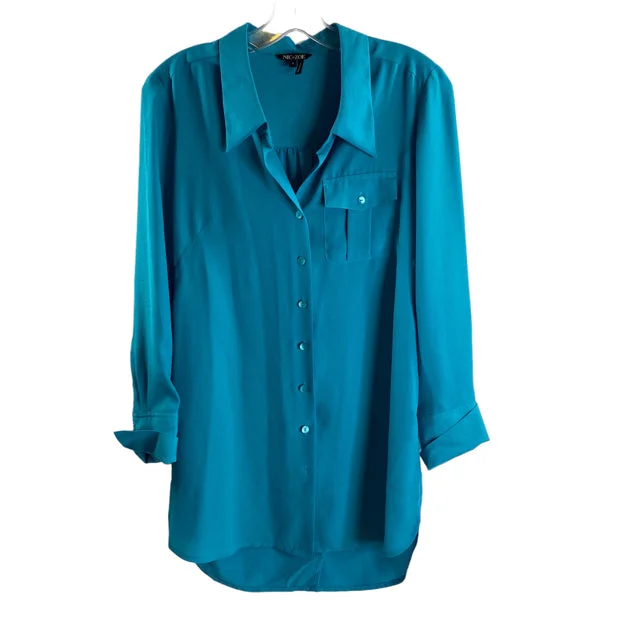 NIC & ZOE Size SMALL Aqua Long Sleeve Button Front Polyester NWT BLOUSE Satin Drape Blouse NIC & ZOE Size SMALL Aqua Long Sleeve Button Front Polyester NWT BLOUSE Satin Drape Blouse