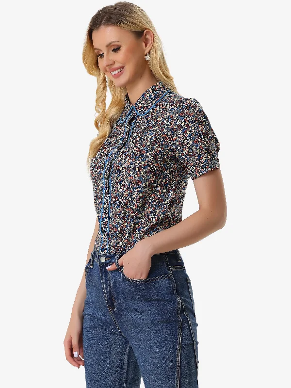 Peter Pan Collar Contrast Trim Puff Sleeve Peasant Floral Blouse Office-Ready Blouse Peter Pan Collar Contrast Trim Puff Sleeve Peasant Floral Blouse Office-Ready Blouse