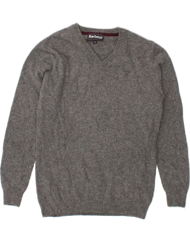 BARBOUR Mens V-Neck Jumper Sweater Medium Grey Lambswool Mesh Blend Leather Blend Suede Blend