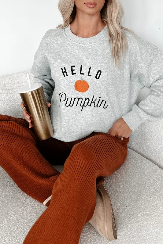 Welcoming Fall "Hello Pumpkin" Crewneck Sweater (Grey) Houndstooth Herringbone Solid Welcoming Fall "Hello Pumpkin" Crewneck Sweater (Grey) Houndstooth Herringbone Solid