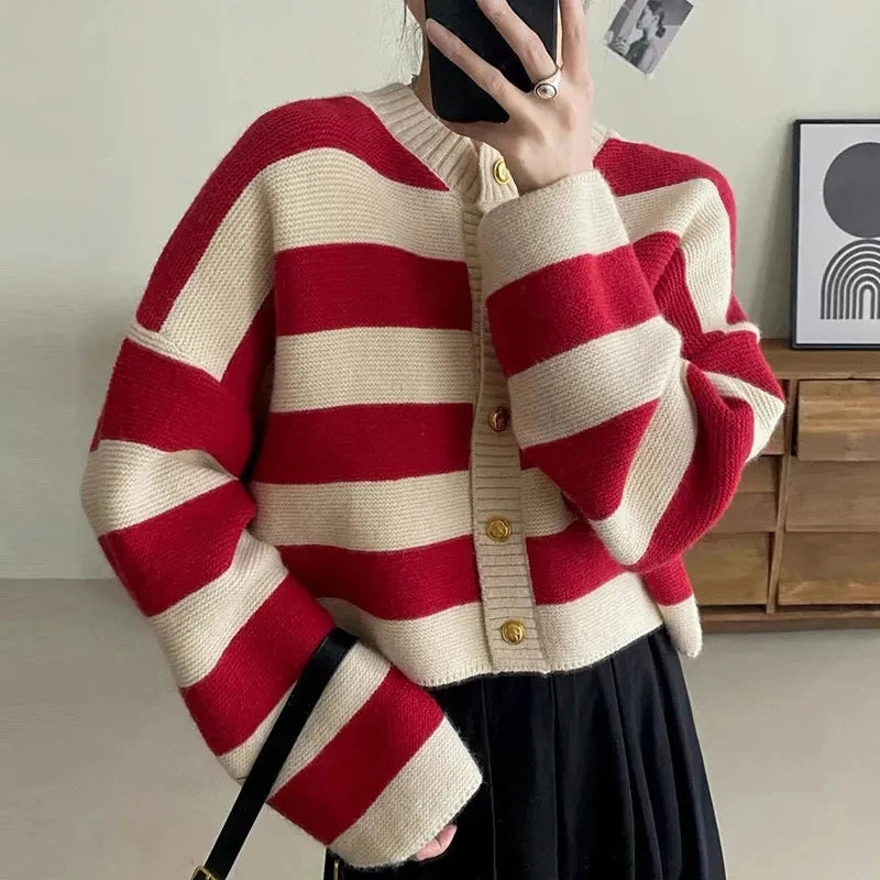 Wjczt Striped Knitted Cardigans Women 2023 Autumn Winter Button Up Loose Cardigan Sweaters Woman Korean Style Long Sleeve Knitwear Beaded Sweater Sequined Faux Fur