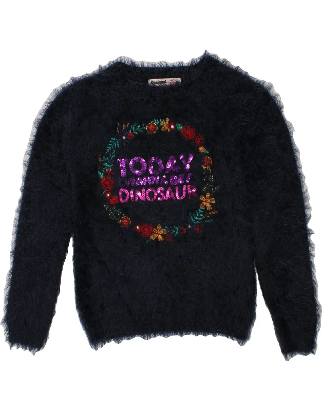 DESIGUAL Girls Graphic Boat Neck Jumper Sweater 7-8 Years Navy Blue Print Jacquard Patchwork