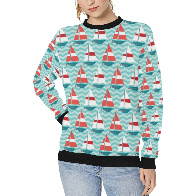 Red White sailboat wave background Women's Crew Neck Sweatshirt Hoodie with High Neck Warm Protective