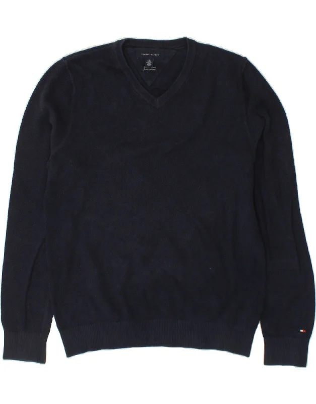 TOMMY HILFIGER Mens V-Neck Jumper Sweater Medium Navy Blue Cotton Chenille Blend Fleece Blend Nylon Blend