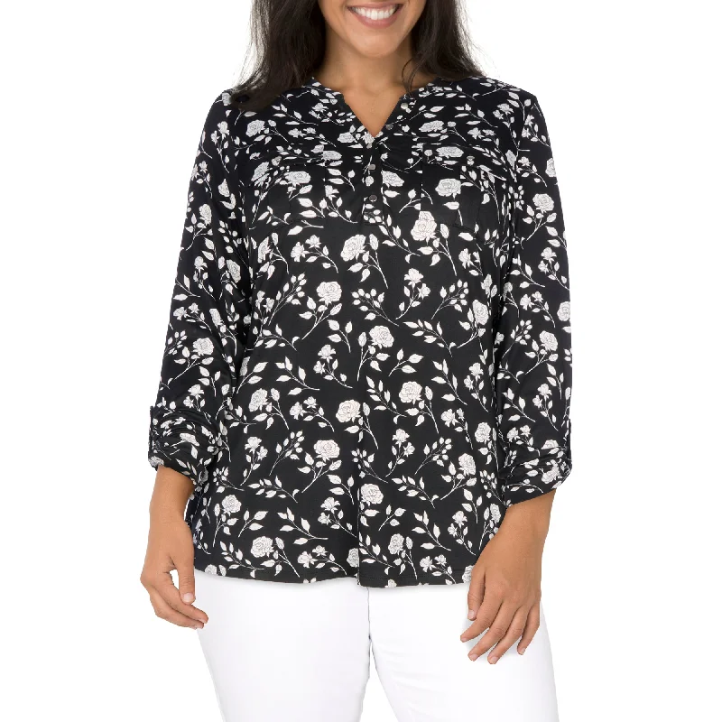 lily morgan Women's Plus V-Neck Roll-Tab Blouse Classic Minimalist Blouse