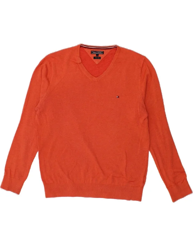 TOMMY HILFIGER Mens V-Neck Jumper Sweater Large Orange Cotton Front Pockets Side Pockets Patch Pockets