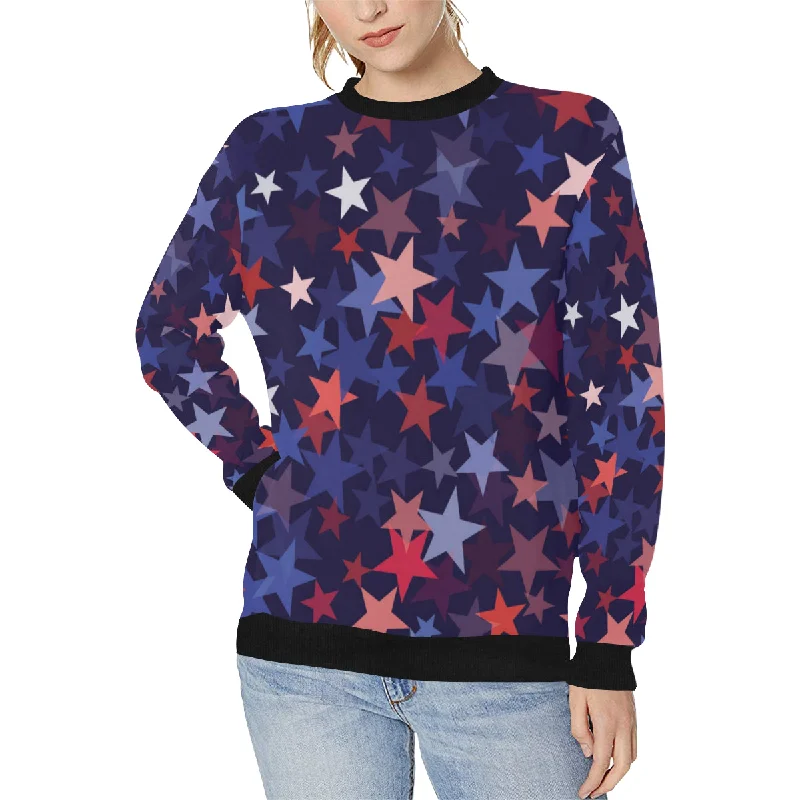 Red blue star pattern Women's Crew Neck Sweatshirt Hoodie with Slit Hem Functional Movement