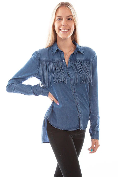 Women's Honey Creek Collection Blouse: Denim Western Fringe Collared Satin Blouse