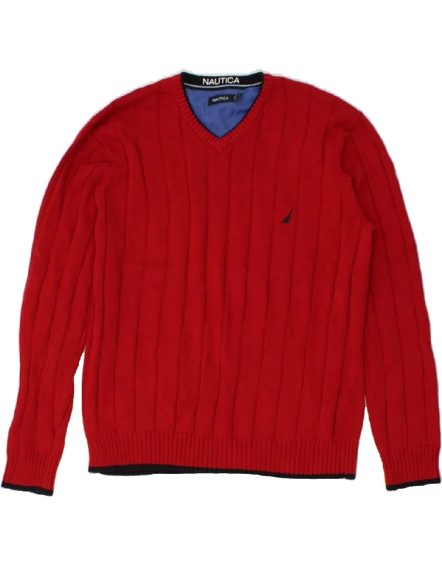 NAUTICA Mens V-Neck Jumper Sweater XL Red Cotton Terry Blend Velvet Blend Canvas Blend