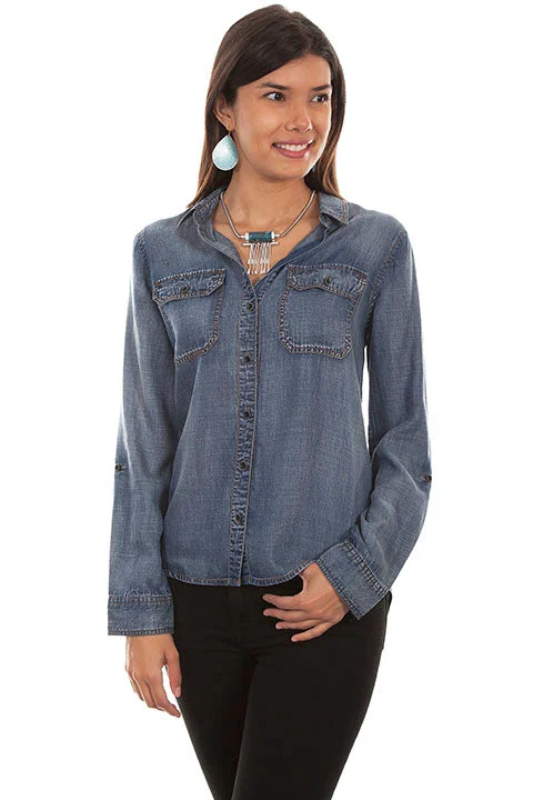 Scully Honey Creek Women's Hi Lo Denim Tencel Blouse Slim Fit Blouse