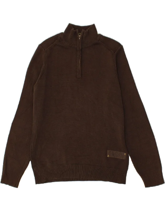 MARLBORO CLASSICS Mens Zip Neck Jumper Sweater Large Brown Cotton Thin Thick Dense