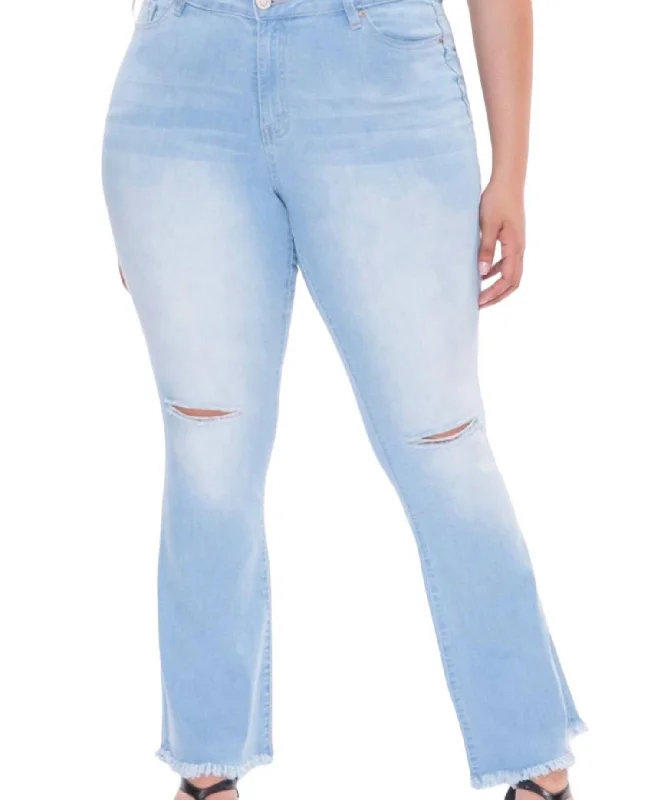 Single Button High Rise Super Flare Jeans In Light Blue Rips Stylish High-Waist Jeans Single Button High Rise Super Flare Jeans In Light Blue Rips Stylish High-Waist Jeans