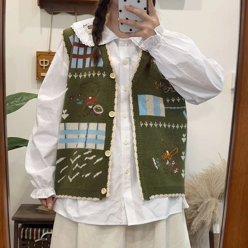 Wjczt sweater Mori Girl Artistic Retro Cartoon Embroidered Outer Wear Slimming Korean Style Age-Reducing Vest Soft Glutinous Knitted Vest All-Matching Top Ribbed Striped Patterned