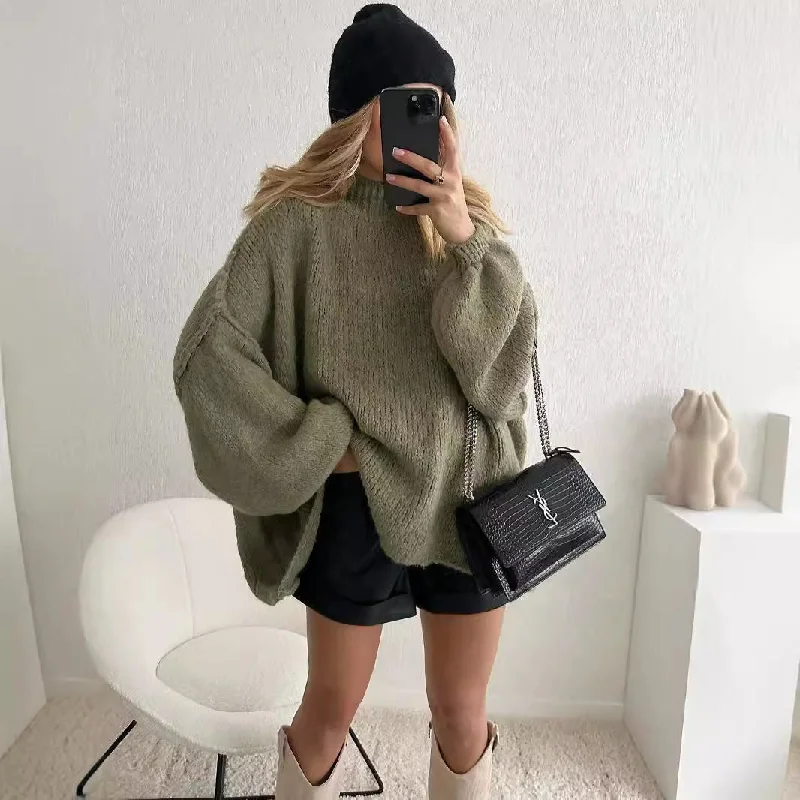 Wjczt  fashion Autumn and Winter New Loose Half Turtleneck Commuter Style Fake Reverse Wear Knitted Pullover Solid Color Sweater for Women Denim Fabric Leather Fabric Suede Fabric