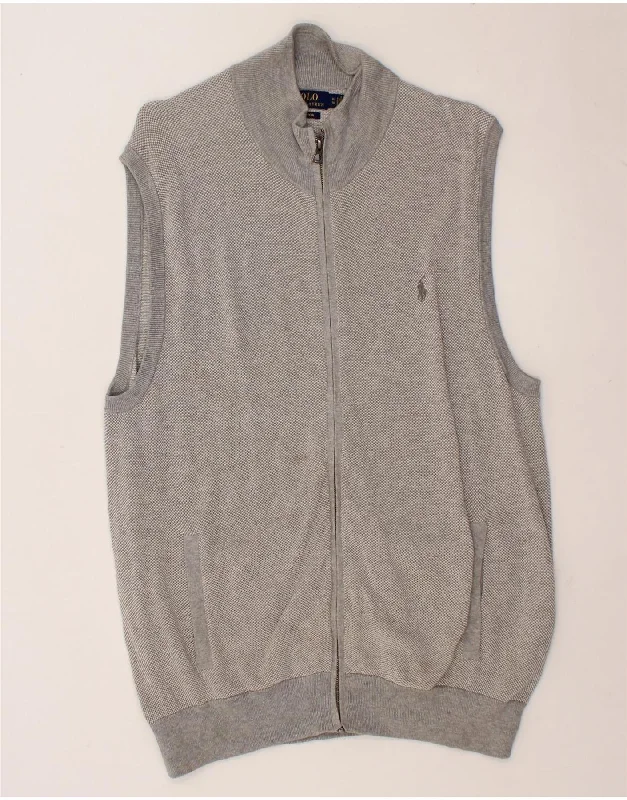 POLO RALPH LAUREN Mens Sleeveless Cardigan Sweater XL Grey Cotton Wool Fabric Cashmere Fabric Tweed Fabric