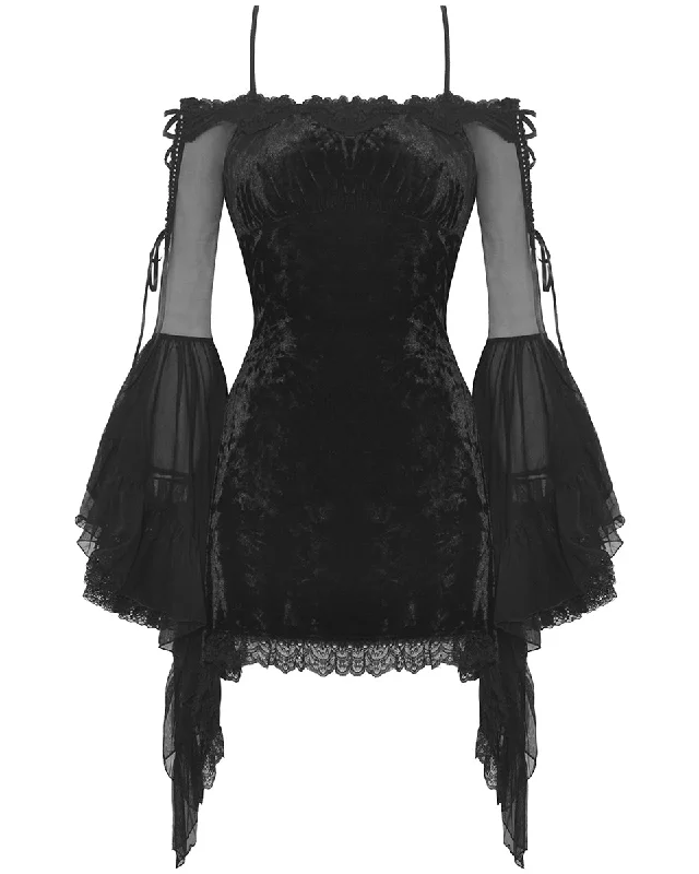 Dark In Love Womens Gothic Lolita Mesh & Lace Sleeve Velvet Mini Dress Trendy A-Line Mini Dress