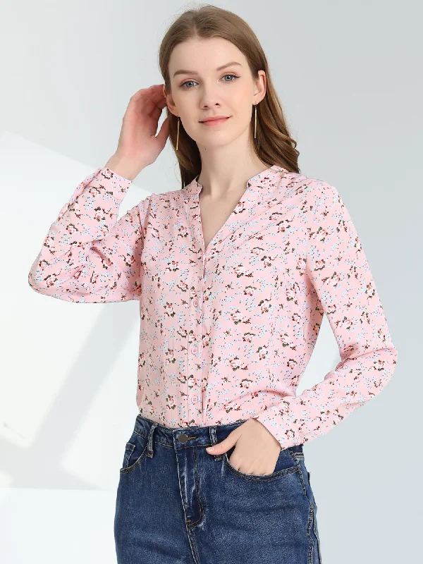 Chiffon Floral Tops V Neck Long Sleeve Button-Up Blouse Shirt Soft Pastel Blouse