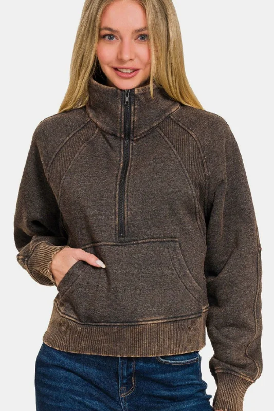 Zenana Acid Washed Half Zip Fleece Sweatshirt Hoodie with Hem Fringe Bohemian Relaxed