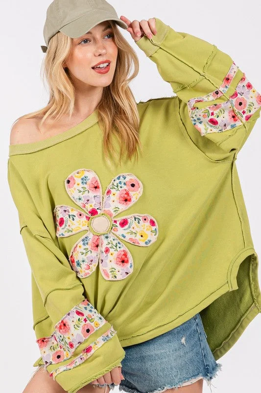 SAGE + FIG Daisy Patch Applique Long Sleeve Sweatshirt Hoodie with Rolled Sleeves Casual Relaxed