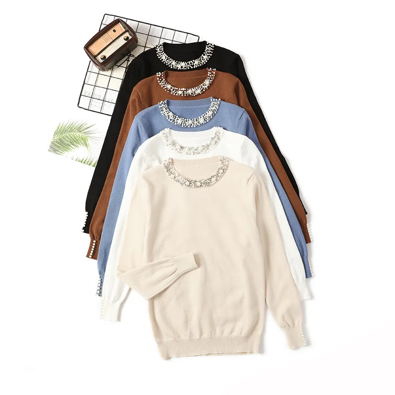 Autumn and winter new one size bead collar pullover sweater round neck long sleeve knitted loose women's bottoming shirt High Neck Crew Neck V-Neck Autumn and winter new one size bead collar pullover sweater round neck long sleeve knitted loose women's bottoming shirt High Neck Crew Neck V-Neck