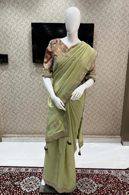 Pista Green Pearl, Sequins and Zari work Saree with Matching Semi Stitched Designer Blouse Backless Summer Blouse Pista Green Pearl, Sequins and Zari work Saree with Matching Semi Stitched Designer Blouse Backless Summer Blouse