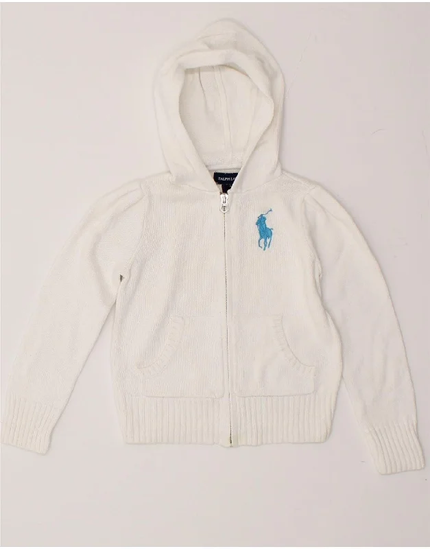 RALPH LAUREN Girls Hooded Cardigan Sweater 4-5 Years White Cotton Transparent Opaque Sheer