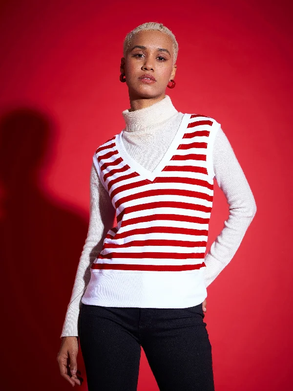 Women Red & White Striped V-Neck Sleeveless Sweater Iron Safe Non-Iron Wrinkle Free