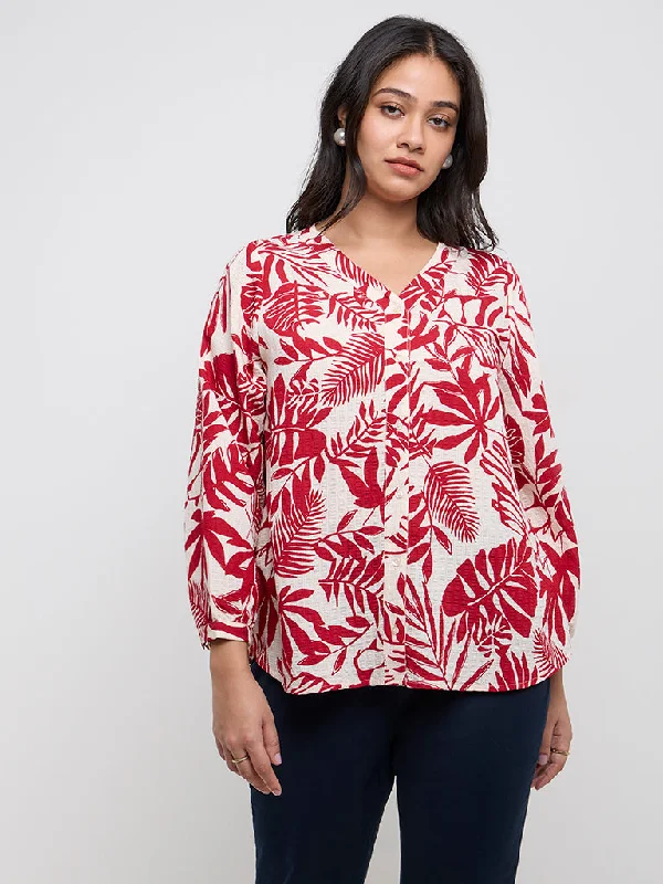 Gia Red Botanical Printed Blouse Classic Minimalist Blouse