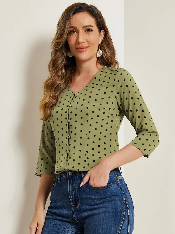 Polka Dots 3/4 Sleeve Button Front Vintage Office Blouse Top Sleeveless Summer Blouse
