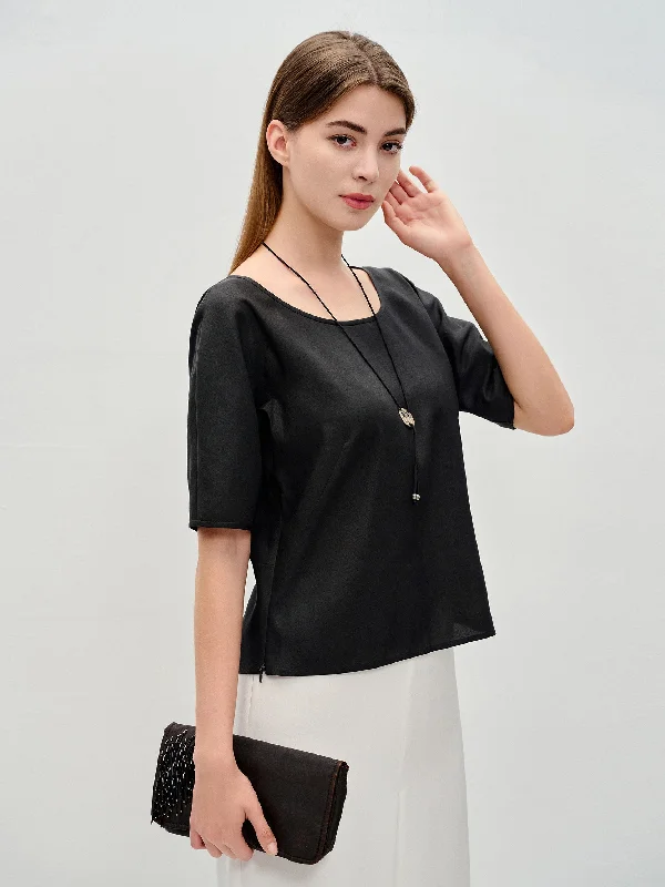 Elastic Gambiered Silk Crew Neck Blouse Boho Chic Blouse