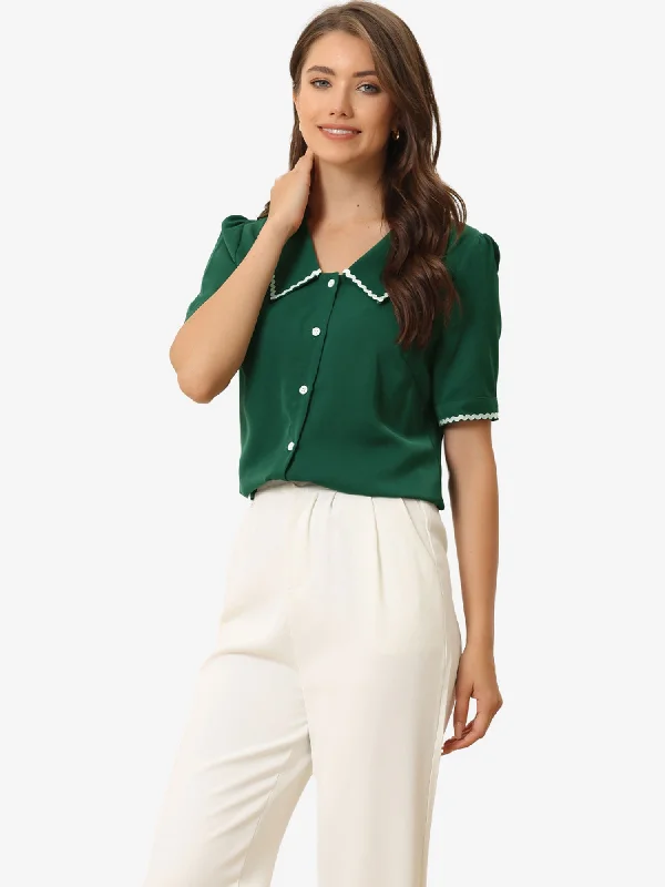 Short Sleeve Chiffon Collared Casual Work Button Down Blouse Slim Fit Blouse