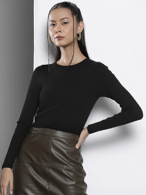 Women Black Rib Round Neck Full Sleeves Crop Sweater Tailored Straight A-Line