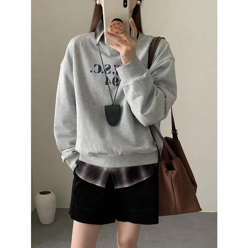 Wjczt frat outfits Letter Printed Sweater for Women Autumn and Winter New Korean Style Loose Casual Ins Super Popular round Neck Top Mesh Blend Leather Blend Suede Blend