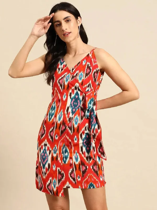 Overlap Mini Dress with side tie up in Red Ikkat Print Casual Button-Up Mini Dress