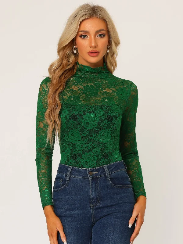 See Through Long Sleeve Turtleneck Sheer Floral Lace Blouse Sleeveless Summer Blouse