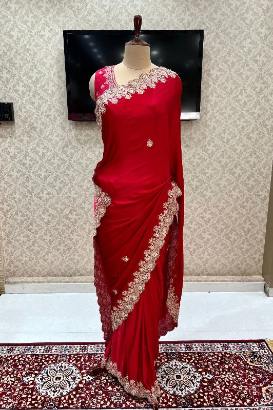 Red Zardozi and Sequins work Saree with Matching Unstitched Designer Blouse Classic Striped Blouse Red Zardozi and Sequins work Saree with Matching Unstitched Designer Blouse Classic Striped Blouse