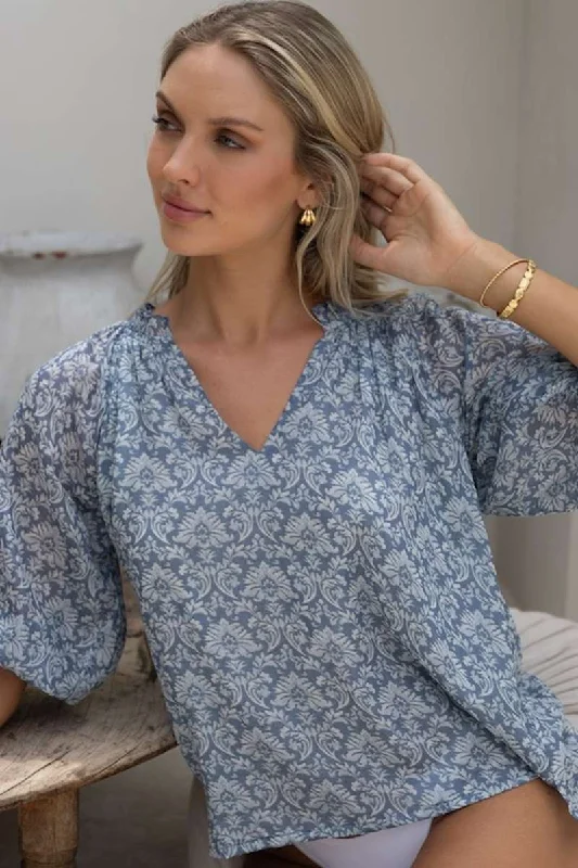 Portafino Aries Blouse in Blue Print HS24305 by Humidity Lifestyle Satin Bow Blouse