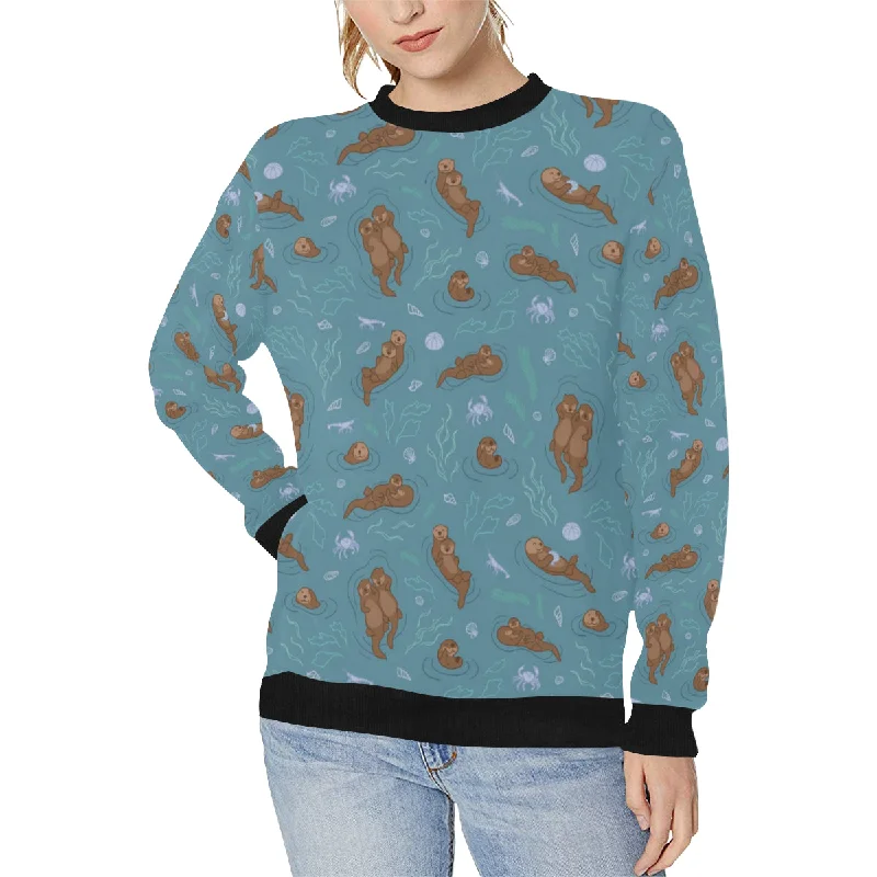 Sea otters pattern Women's Crew Neck Sweatshirt Hoodie with Ribbed Hem Stretchable Secure