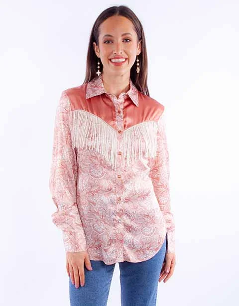 Women's Honey Creek Collection Blouse: Peach Print with Fringe Subtle Shimmer Blouse Women's Honey Creek Collection Blouse: Peach Print with Fringe Subtle Shimmer Blouse