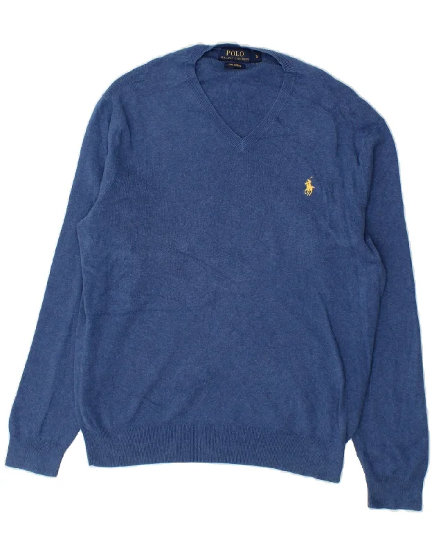 POLO RALPH LAUREN Mens V-Neck Jumper Sweater Small Blue Cotton Anti-Pilling Anti-Shrink Durable