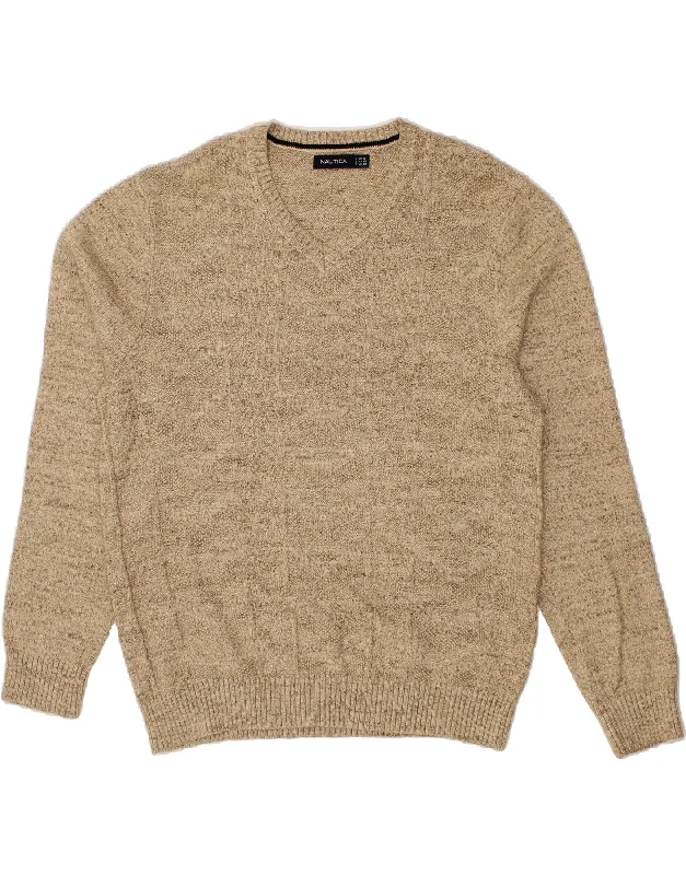 NAUTICA Mens V-Neck Jumper Sweater XL Beige Cotton Wool Fabric Cashmere Fabric Tweed Fabric