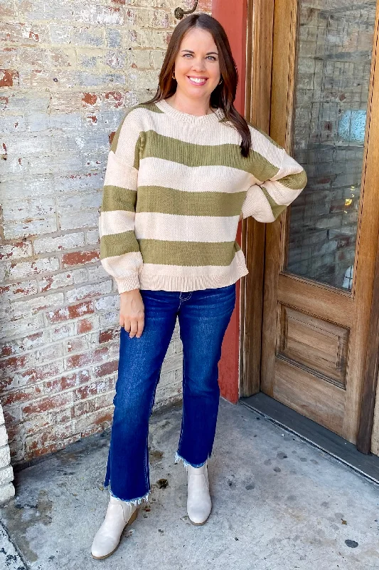 Out of this World Olive Striped Sweater Casual Formal Business